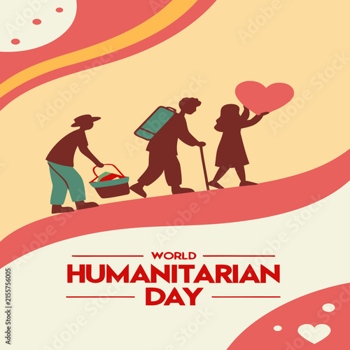World Humanitarian Day Vector Illustration with Volunteers Helping People, Charity Support, Community Care, Line Art Silhouette, Logo Icon, Clipart Poster