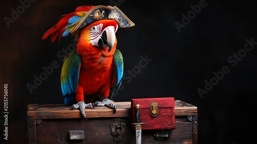 Colorful scarlet macaw wearing a pirate hat sitting on a wooden chest