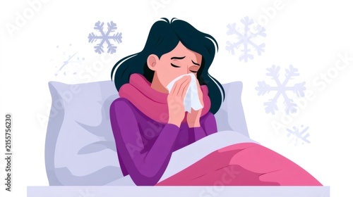 Woman with cold or flu in bed blowing nose