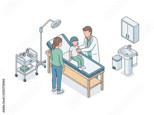 Isometric Doctor Examining Child with Parent – Paediatric Healthcare Scene Illustration