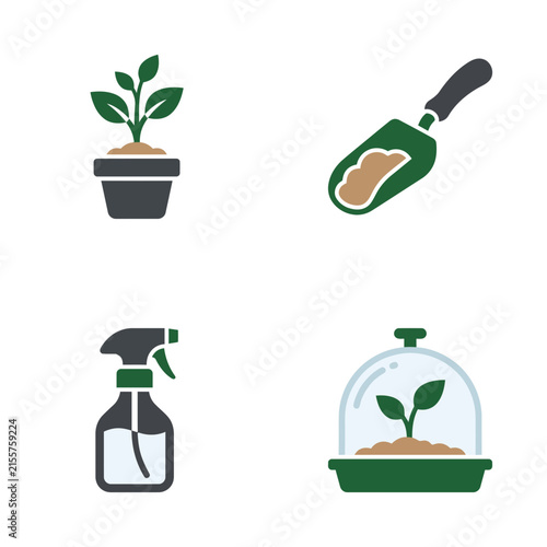 Plant care icon collection showcasing a potted sprout, trowel, spray bottle, and mini greenhouse dome.
