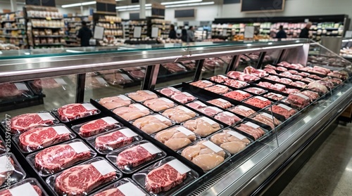 Bright supermarket butcher display case is filled with neat rows of fresh raw meats, packaged chicken breasts, and marbled beef steaks.