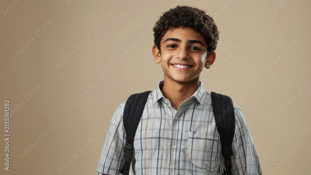 Obraz premium Smiling teenage boy with backpack on neutral background