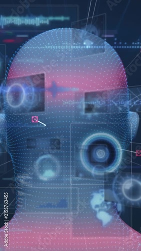 Animation of spinning model of human head and data processing on interface