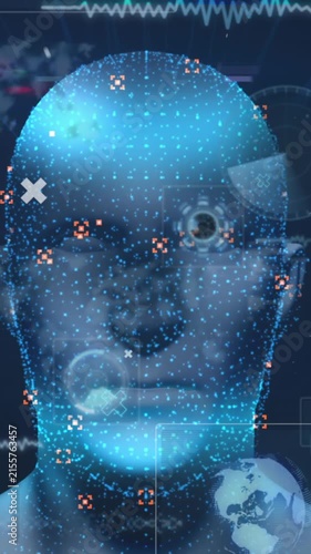 Animation of spinning model of human head and data processing on interface