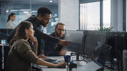 Software Team Collaborating at Office Workstations