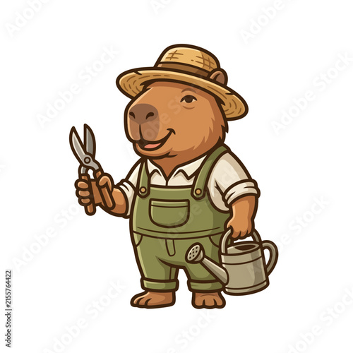 Capybara gardener character stands smiling in a straw hat and overalls, holding pruning shears and a watering can, ready for garden work.