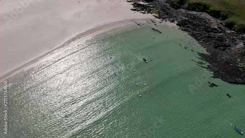 Aerial view of a Standup Paddle group at Narin Beach by Portnoo in County Donegal, Ireland