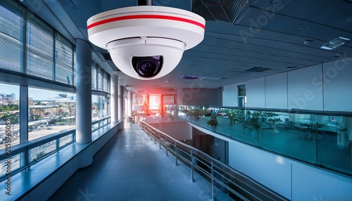 ceiling mounted security dome camera with glowing red recording light observing modern office interior during daylight hours for business safety and surveillance monitoring