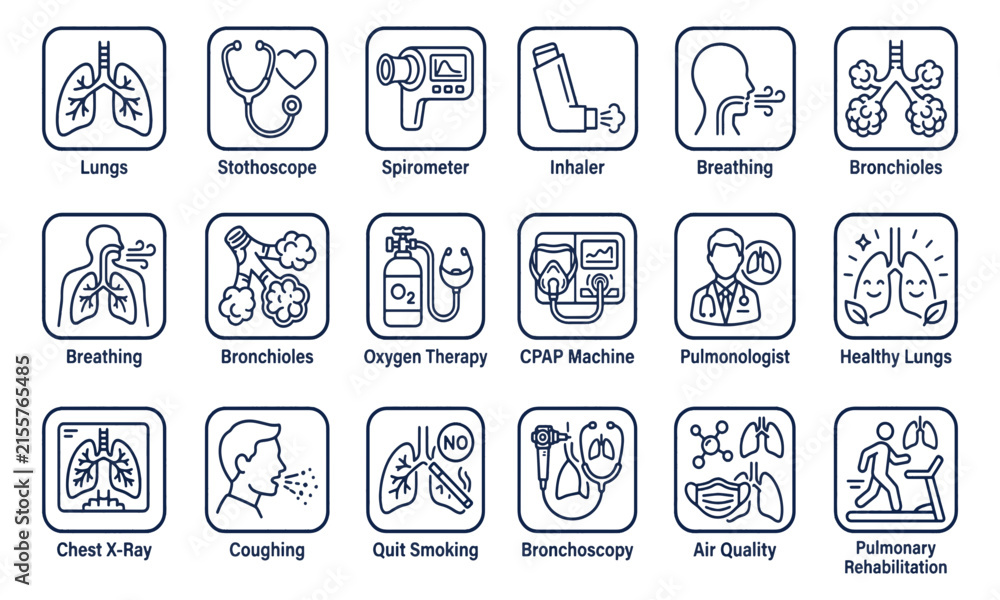 Fototapeta premium Pulmonology and Respiratory Health Outline Icons Set Lungs Medical Vector Collection