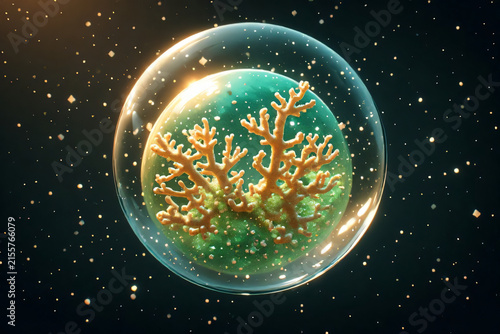 Christmas Tree with Festive Ornaments and Glowing Earth Planet in Cosmic Space with Stars, Moon and Galaxy Night Sky Background