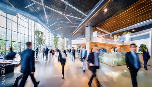 blurred busy trade show exhibition hall with business professionals networking and walking through corporate booths for industry event and marketing conference atmosphere