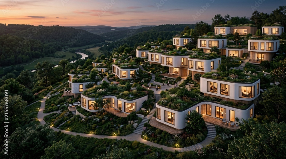Fototapeta premium Visionary eco-friendly architecture features sleek white modular pod houses built into a lush green hillside, topped with rooftop gardens.