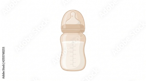 Modern Baby Feeding Bottle Flat Illustration – Minimal beige baby bottle with soft silicone nipple, isolated on white background for nursery, parenting, feeding, and childcare designs.
