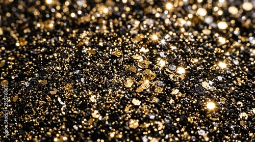 Close-up of black glitter mixed with golden particles, dense granular surface, sparkling reflections, luxurious New Year's Eve texture