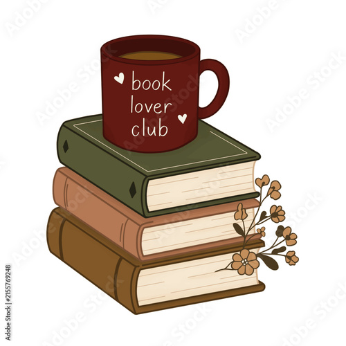 Coffee mug with book lover club text on stack of vintage books with flowers, vector illustration of cozy aesthetic bookish reading illustration isolated on white background.