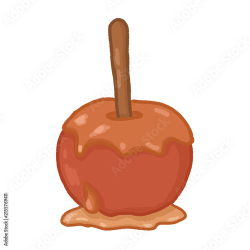 Cute Caramel Apple Illustration with Wooden Stick, Sweet Autumn Treat