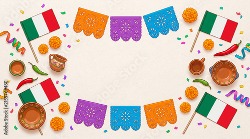 Mexican Independence frame with flags, papel picado, flowers and festive decorations.