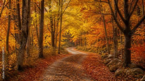 Serene autumn woodland pathway winding through vibrant fall foliage and golden leaves creating a peaceful nature scene