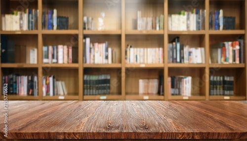 empty wooden table and modern library background product display
