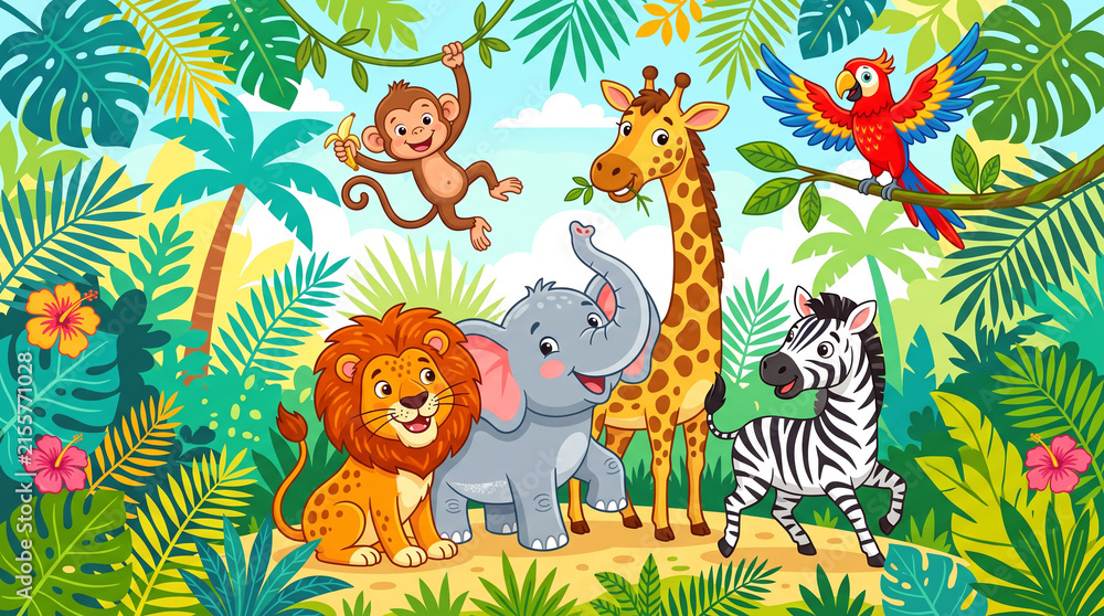 Obraz premium Cute Jungle Animals in Lush Tropical Forest Illustration