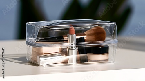 Makeup products in clear cosmetic bag for travel
