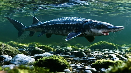 Sturgeon swimming in clear river water over rocks