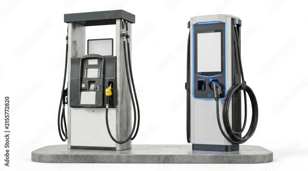 Fototapeta premium Two different types of vehicle refueling stations are shown side by side in a clear setting.
