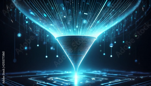 futuristic digital sales funnel with glowing particles symbolizing data filtering lead generation and business conversion on a dark technology background