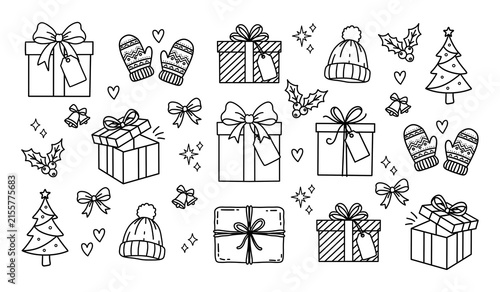 Christmas Doodle Set with Gift Boxes Mittens Beanie Hats and Holly Berries Line Art Collection