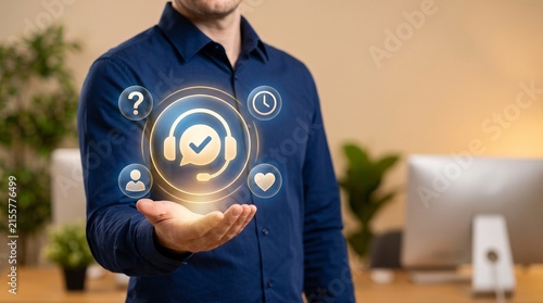 Customer Service Concept with Businessman Hand Showing Digital Icons for Support, Time, and Quality Check
