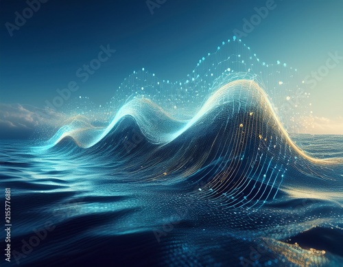 digital wave made of interconnected data points rises against serene ocean backdrop symbolizing fusion of technology and nature