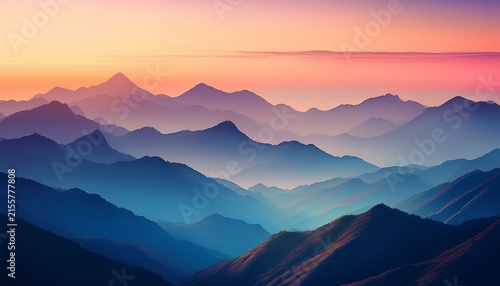 beautiful layers of mountain with soft colored sunrise color generative ai