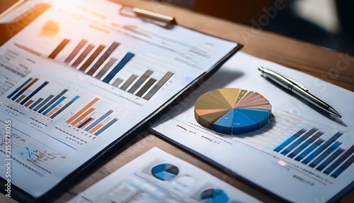 financial reports with charts and pen on desk analyzing budget and data for nonprofit organization pie chart and bar graphs display fund distribution