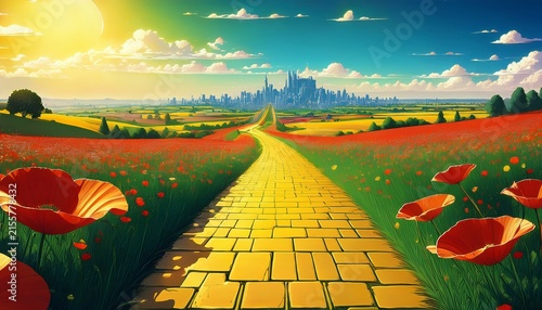 yellow brick road leading through poppy field to green emerald city in the distance wizard of oz concept