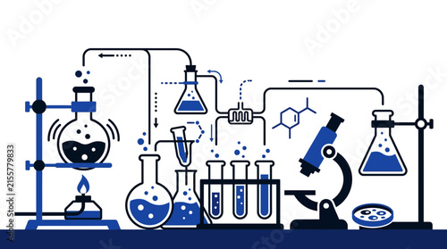 Chemistry Lab Equipment and Scientific Experiment, Blue and White