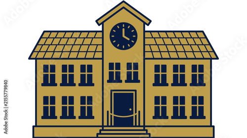 Classic School Building with Clock Tower, Isolated on Transparent Background