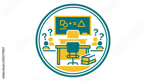 Classroom Concept: Teacher Desk, Students, Blackboard with Math