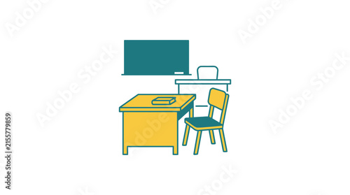 Classroom Desk, Chair, and Chalkboard Icon - Isolated