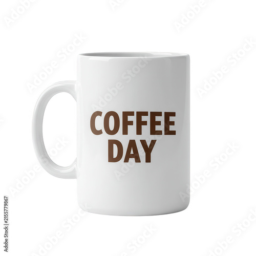 White mug with coffee day text isolated on transparent background