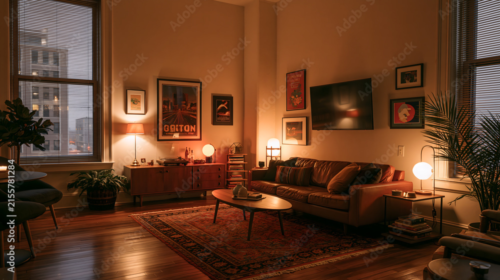 Fototapeta premium Cozy Urban Living Room at Dusk: A warm, inviting living room with mid-century modern furniture, ambient lighting, and city views through a large window, creating a sense of sophisticated comfort.