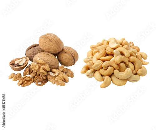 Two Piles of Raw and Roasted Cashew Nuts Isolated on White Background