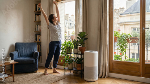 Sunlit Air Purifier Near Balcony Door in a European Apartment