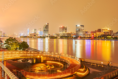 Modern urban architecture, road traffic, and Huangpu River night view in Lujiazui, Pudong, Shanghai, China	