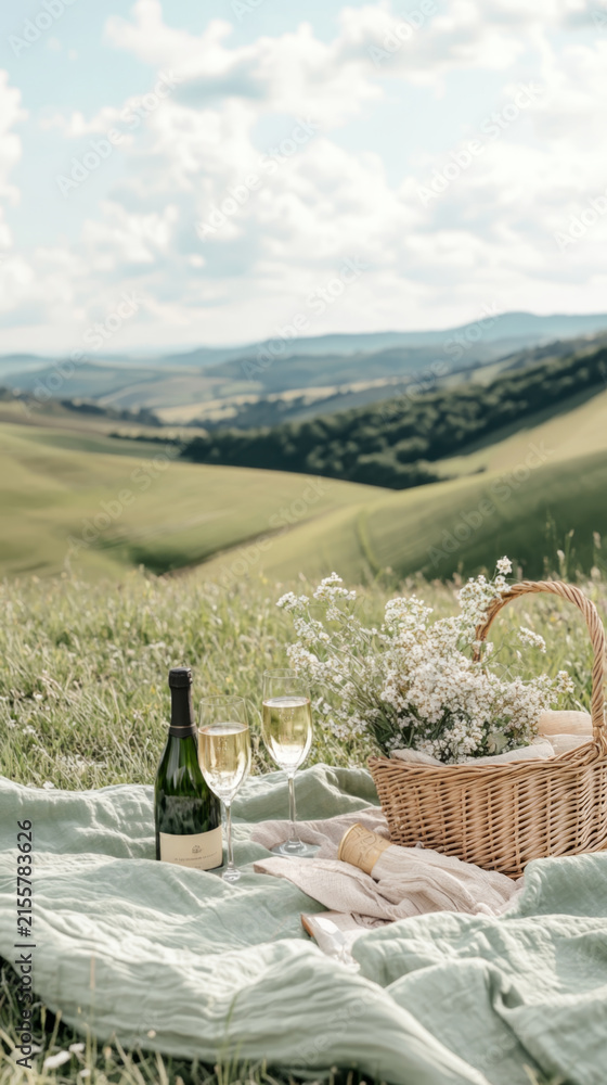 Naklejka premium Scenic picnic with champagne and snacks in countryside