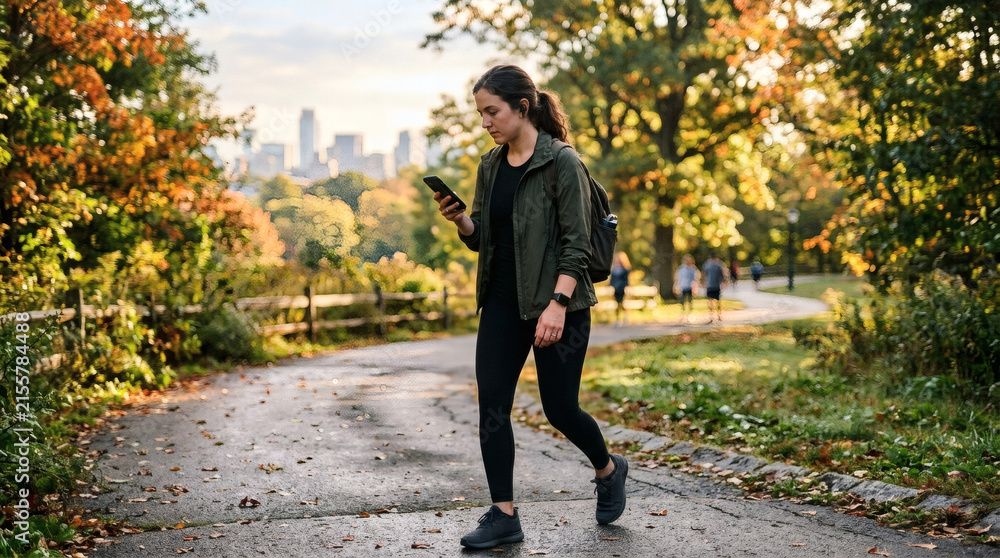 Fototapeta premium A young woman wearing athletic clothing walks on a path in a park, looking at her phone with a cityscape visible in the distant background.
