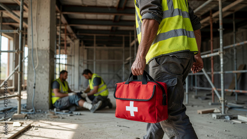 Construction worker carrying first aid kit to assist injured teammate at building site, industrial safety and emergency medical care