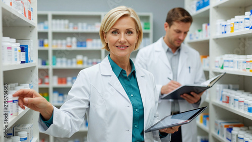 Smiling female pharmacist checking medication stock with digital tablet on pharmacy shelves, modern healthcare services and inventory management