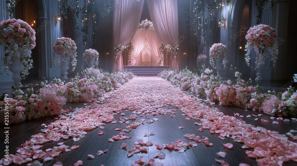Naklejka premium Elegant Wedding Aisle Decorated with Rose Petals and Flowers