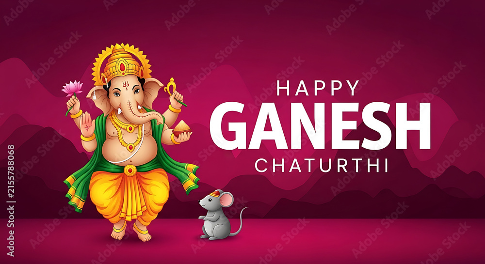 Fototapeta premium Happy ganesh chaturthi greeting card with lord ganesha and his mouse vehicle on a maroon background